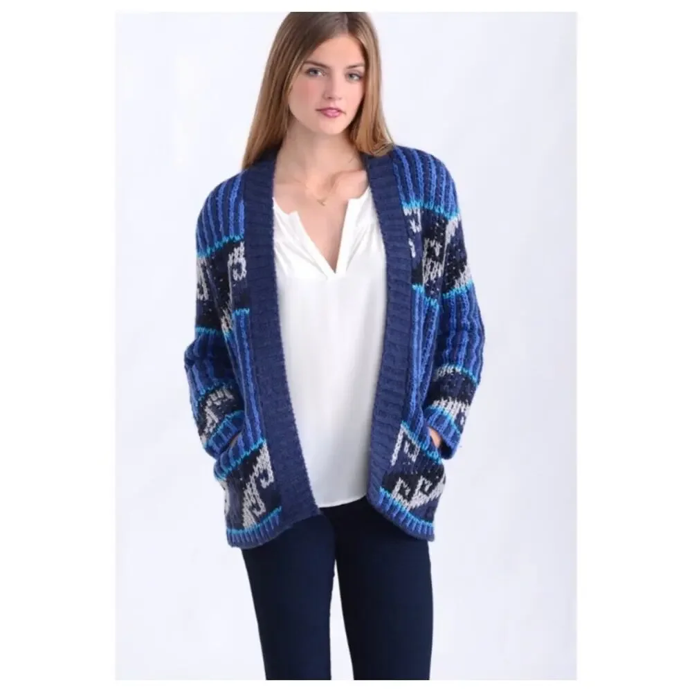Blue Free People Time and Again Cardigan Fair Isle Wool XS Coastal Grandma